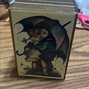 Vintage Wooden Box w/Hummel Children. Music song is  - Rain Drops Keep Falling